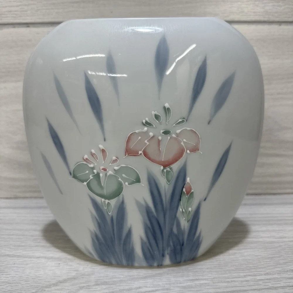 Floral Pillow Vase Japan Embossed Flower Pink Green Blue Design 7.25 x 7 x 3